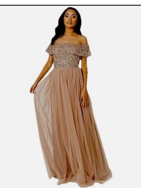 ASOS Maya One-Shoulder Beaded Tulle Maxi Dress in Nude
